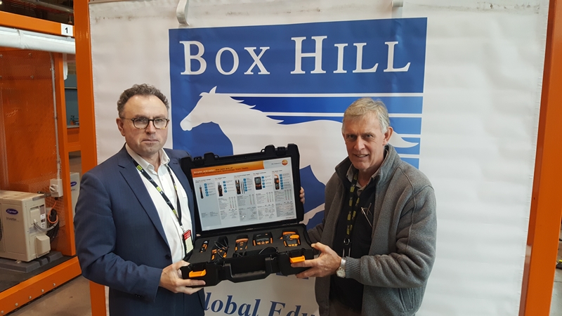 Tony Watson (on left) and Len Raines accepting the Electrical demo kit donated to Box Hill Institute on the 1st of September 2016.