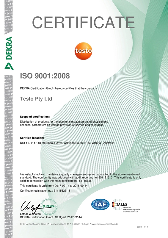 Testo Australia earned its ISO 9001 accreditation.